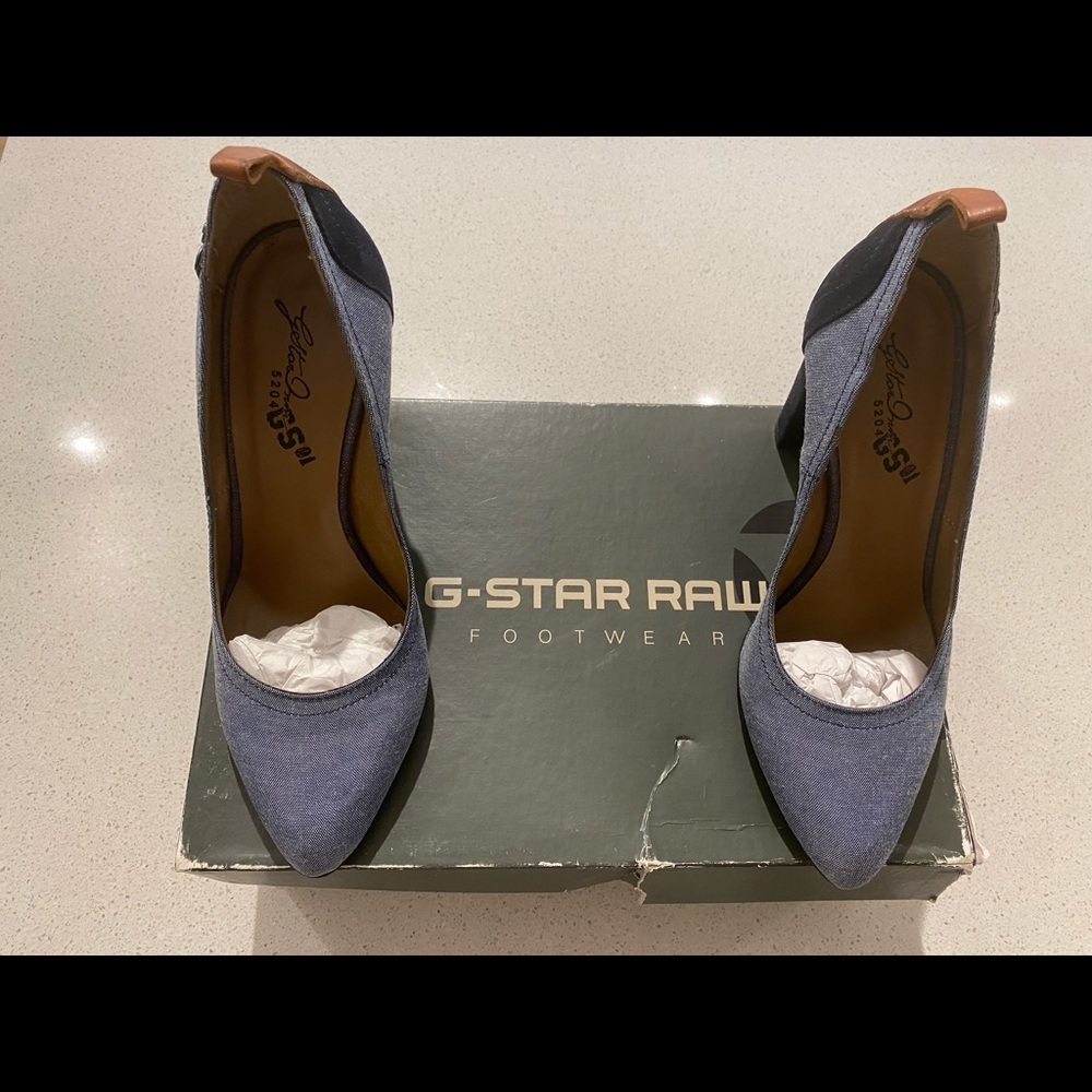 G-STAR RAW heels, size 7, light blue denim/dark blue suede